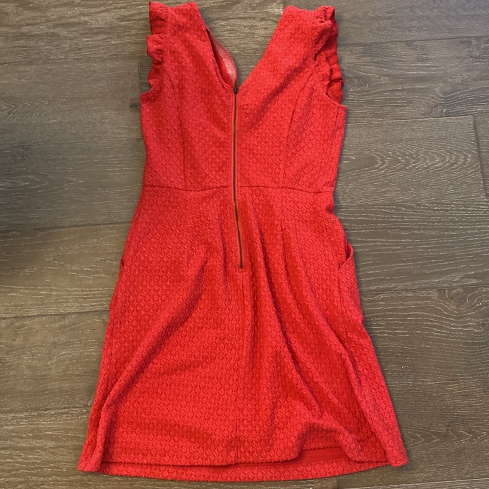Anthropologie Tabitha Red Waffle Textured Ruffled Sleeve Pockets VNeck Dress 8 M - Picture 4 of 4